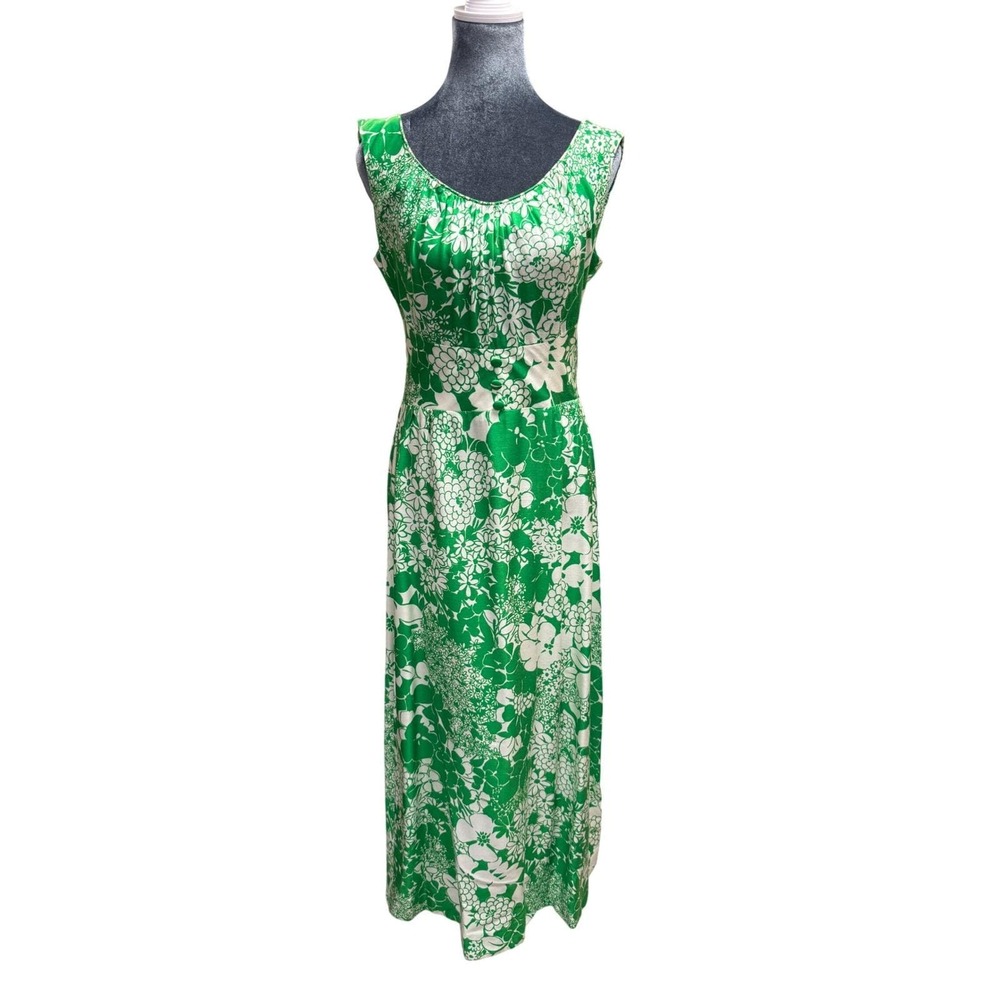Vintage Waltah Clarke Dress‎ Made in Honolulu Green Floral Maxi 60s 70s Style